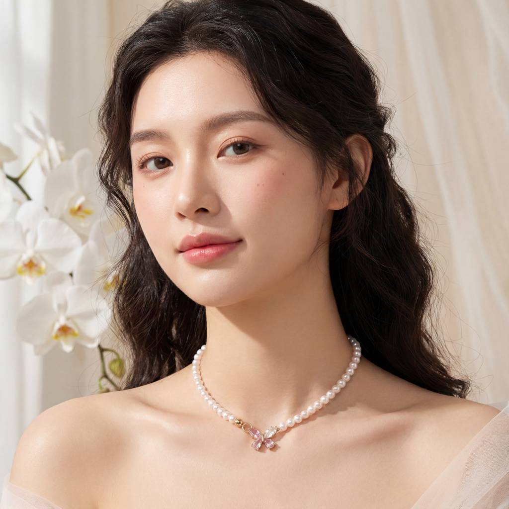 Korean Pink Crystal Butterfly Pearl Choker : YUFSNL249