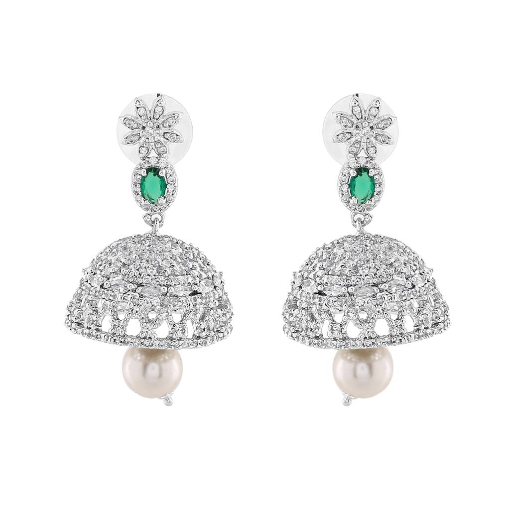 Estele Rhodium Plated Cz Designer Jaliwala Jhumka Earrings With Emerald Crystals For Women : AD-569B-IR-ERER