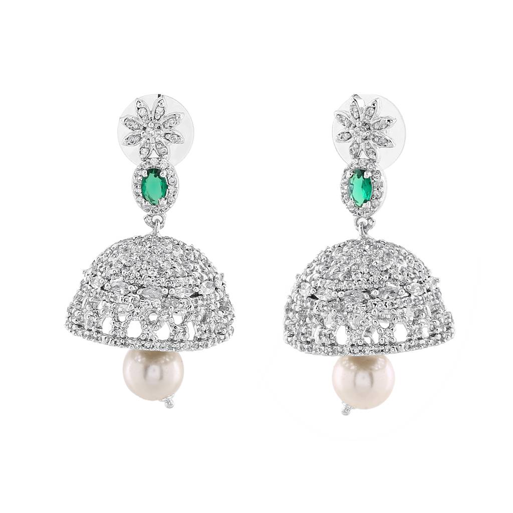 Estele Rhodium Plated Cz Designer Jaliwala Jhumka Earrings With Emerald Crystals For Women : AD-569B-IR-ERER