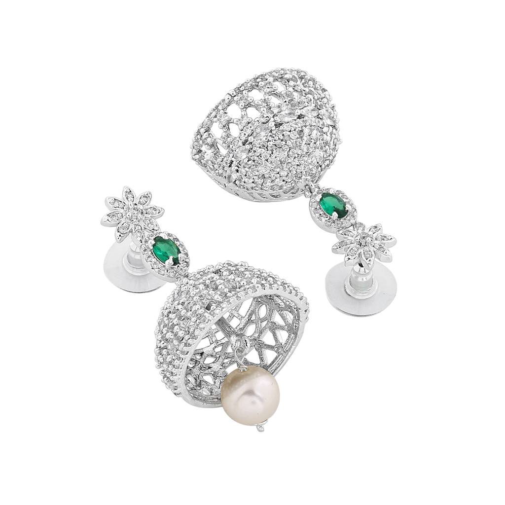 Estele Rhodium Plated Cz Designer Jaliwala Jhumka Earrings With Emerald Crystals For Women : AD-569B-IR-ERER