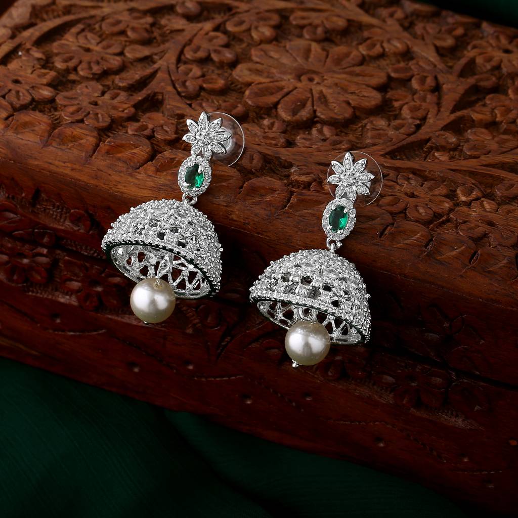 Estele Rhodium Plated Cz Designer Jaliwala Jhumka Earrings With Emerald Crystals For Women : AD-569B-IR-ERER