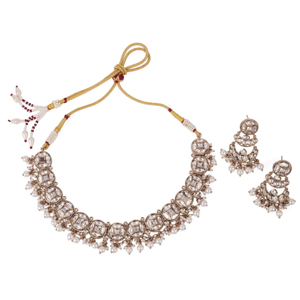 Desirable Round Shape Mother Of Pearl Uncut Kundan Stone Gold Plated Brass Choker Necklace Set For Women And Girls : 5HS212
