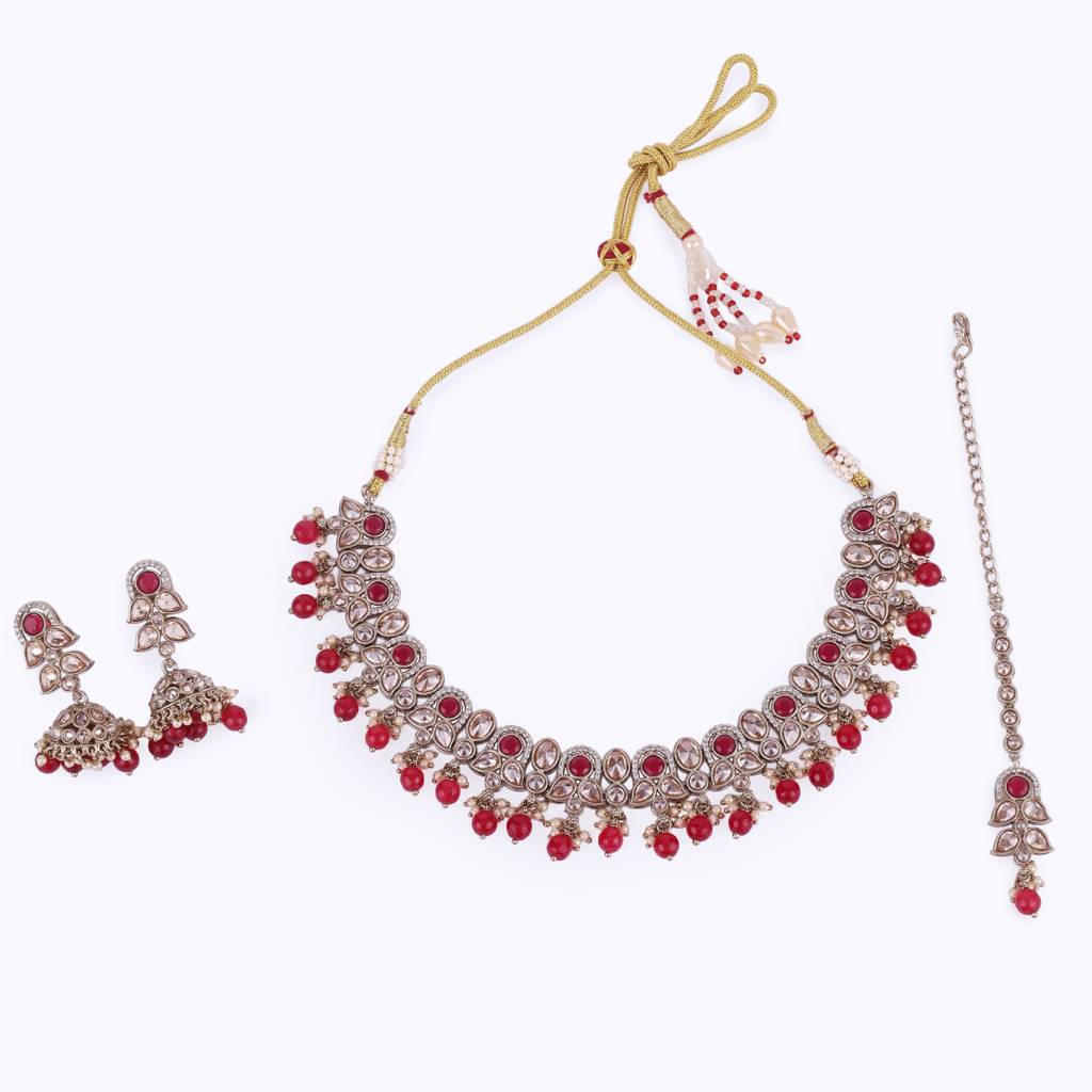 Trendy Leaf And Paisley Design Red Stone Gold Plated Choker Necklace Set With Maangikka For Women And Girls : 5HS323-Red