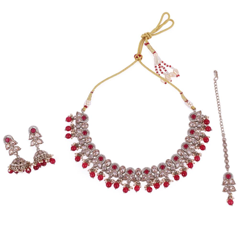Trendy Leaf And Paisley Design Red Stone Gold Plated Choker Necklace Set With Maangikka For Women And Girls : 5HS323-Red