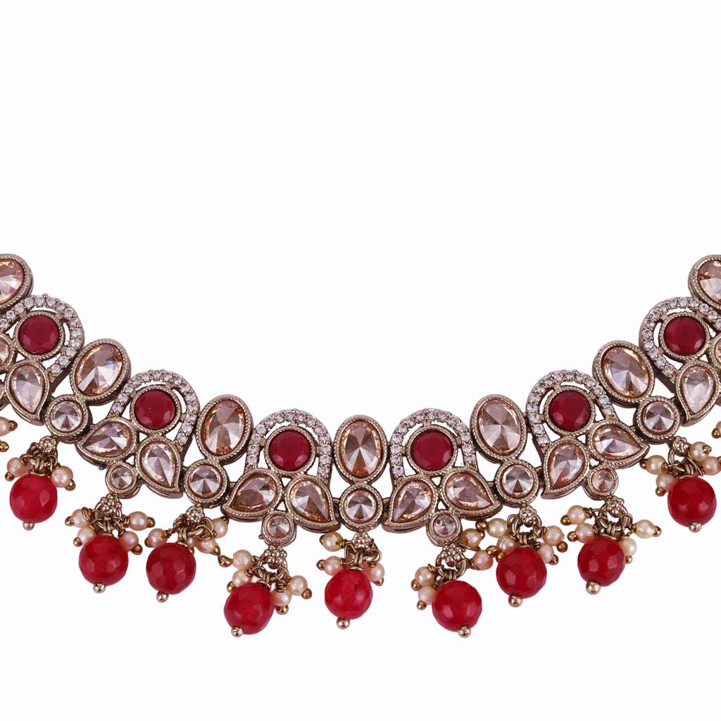 Trendy Leaf And Paisley Design Red Stone Gold Plated Choker Necklace Set With Maangikka For Women And Girls : 5HS323-Red