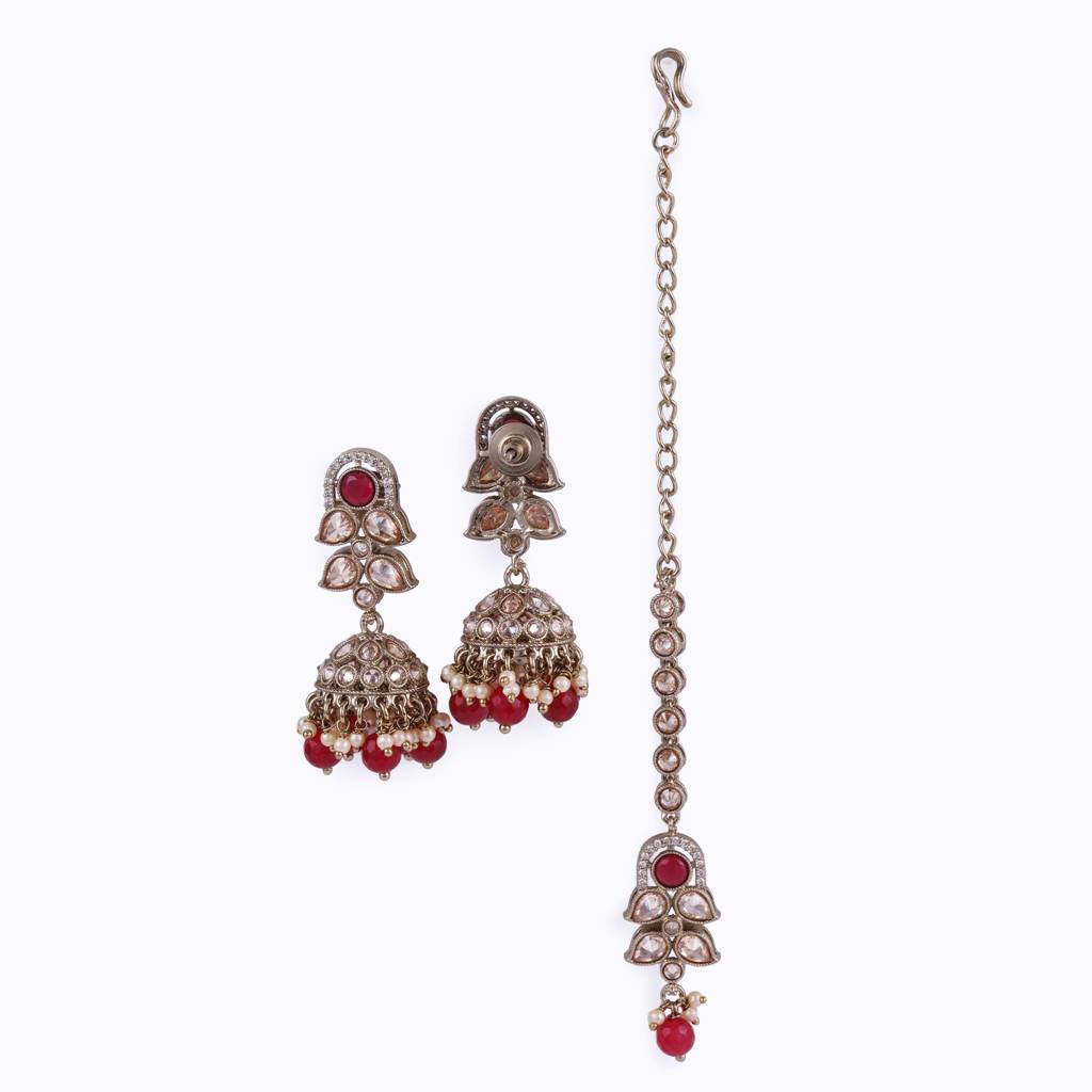 Trendy Leaf And Paisley Design Red Stone Gold Plated Choker Necklace Set With Maangikka For Women And Girls : 5HS323-Red