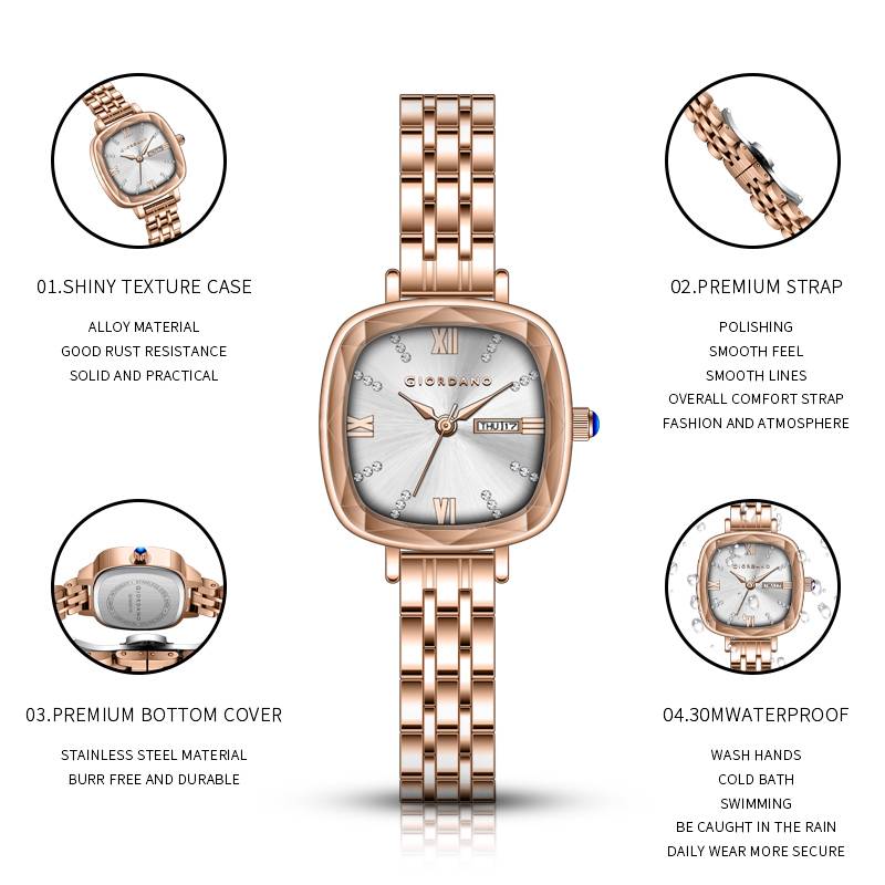 Giordano Elegant Square Rose Gold Watch For Women Â Crystal & Roman Hour Markers, Day-Date Display, Stainless  : GZ-60097-55