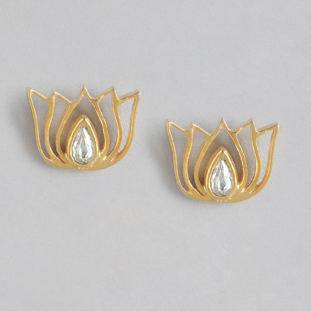 92.5 Silver White Kundan Sacred Lotus Stud Earrings : U100SO003MY058