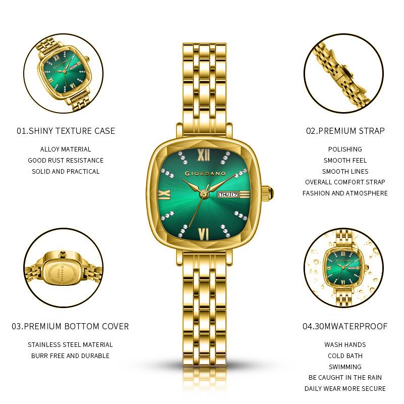 Giordano Elegant Square Rose Gold Watch For Women Â Crystal & Roman Hour Markers, Day-Date Display, Stainless  : GZ-60097-88