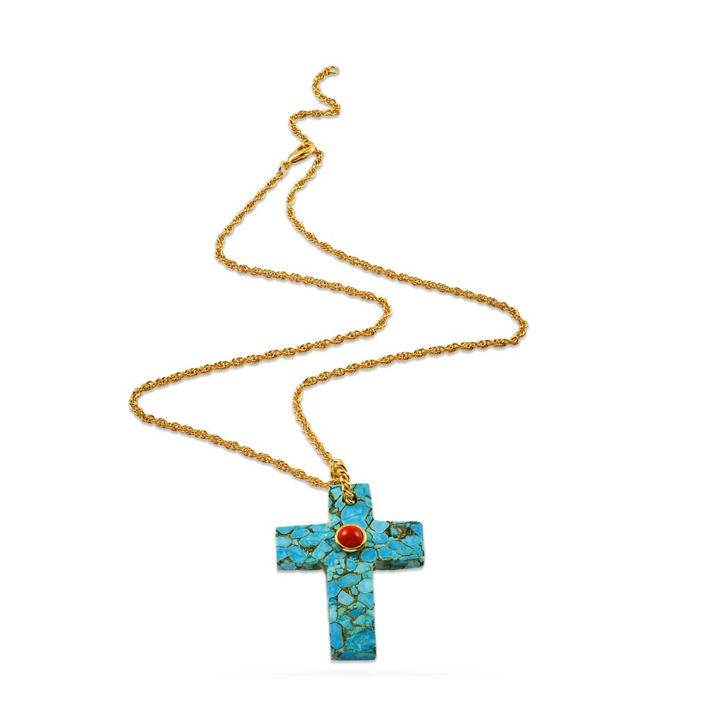 Faith Cross Turquoise And Coral Necklace : AWN-234