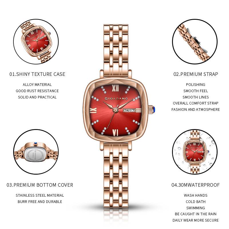 Giordano Elegant Square Rose Gold Watch For Women Â Crystal & Roman Hour Markers, Day-Date Display, Stainless  : GZ-60097-44