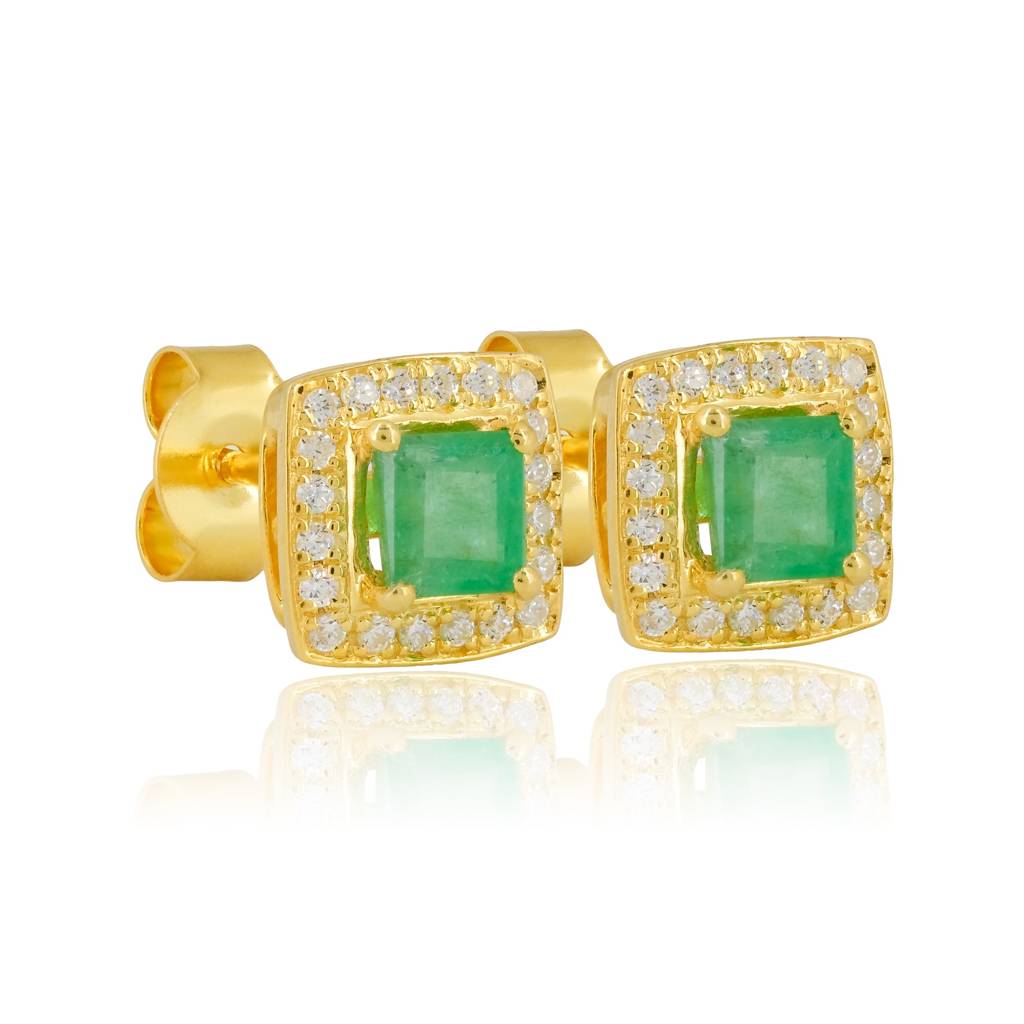 Square Emerald Stud Earrings With Cz Halo In 18K Gold-Plated 925 Silver : ER0005