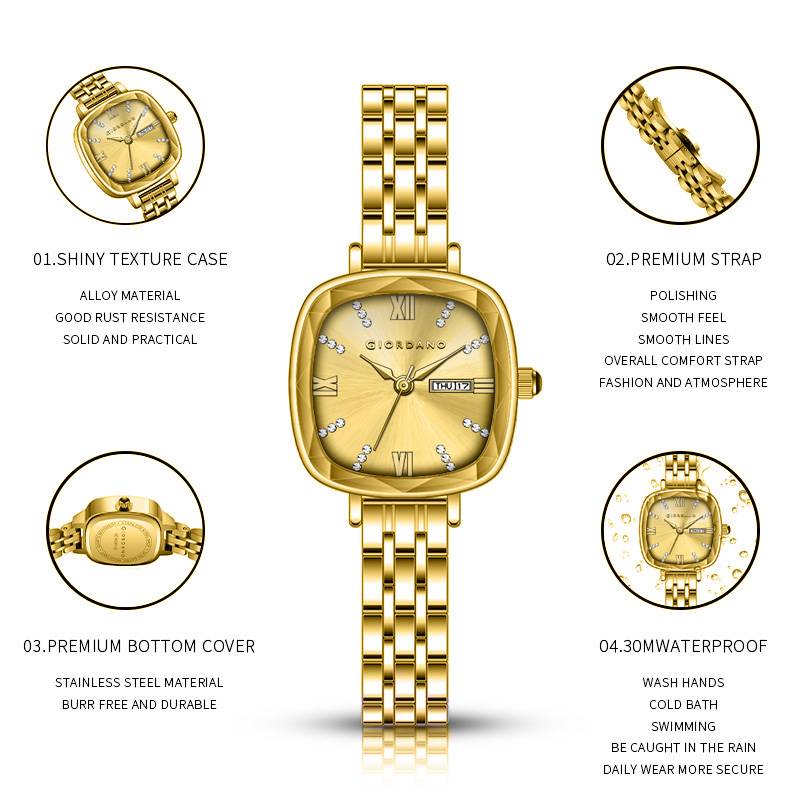 Giordano Elegant Square Rose Gold Watch For Women Â Crystal & Roman Hour Markers, Day-Date Display, Stainless  : GZ-60097-77