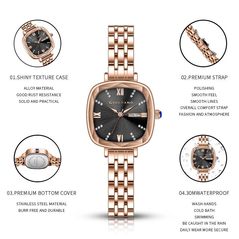 Giordano Elegant Square Rose Gold Watch For Women Â Crystal & Roman Hour Markers, Day-Date Display, Stainless  : GZ-60097-66