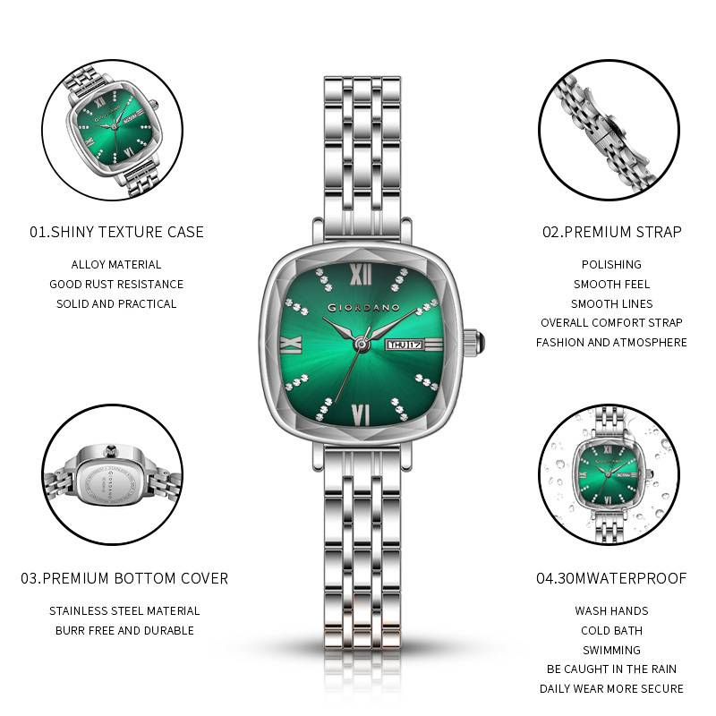 Giordano Elegant Square Rose Gold Watch For Women Â Crystal & Roman Hour Markers, Day-Date Display, Stainless  : GZ-60097-99