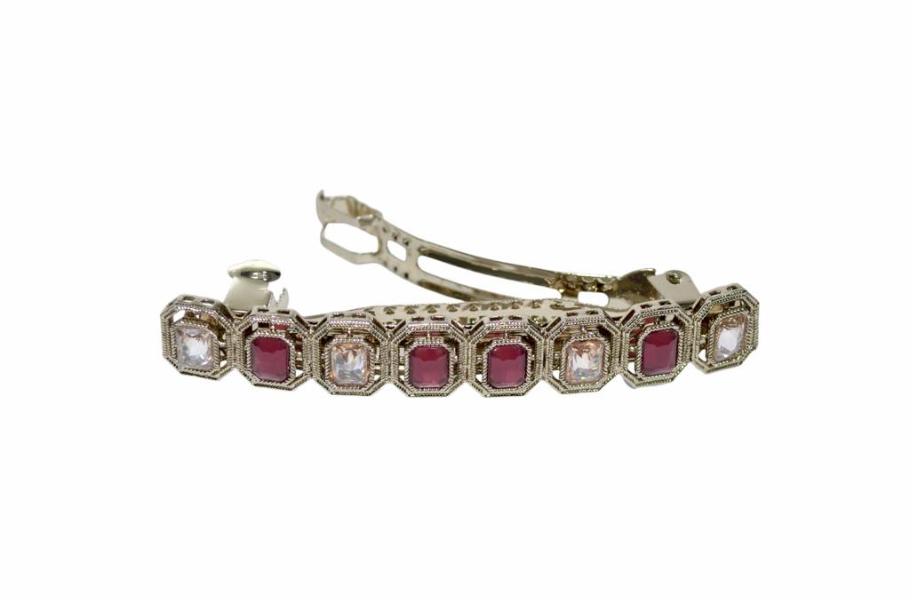 Classy Round And Square Shape Antique Gold Plated Cz And Uncut Kundan Stone 1 Hair Clip For Women And Girls : 6HC99_RUBY