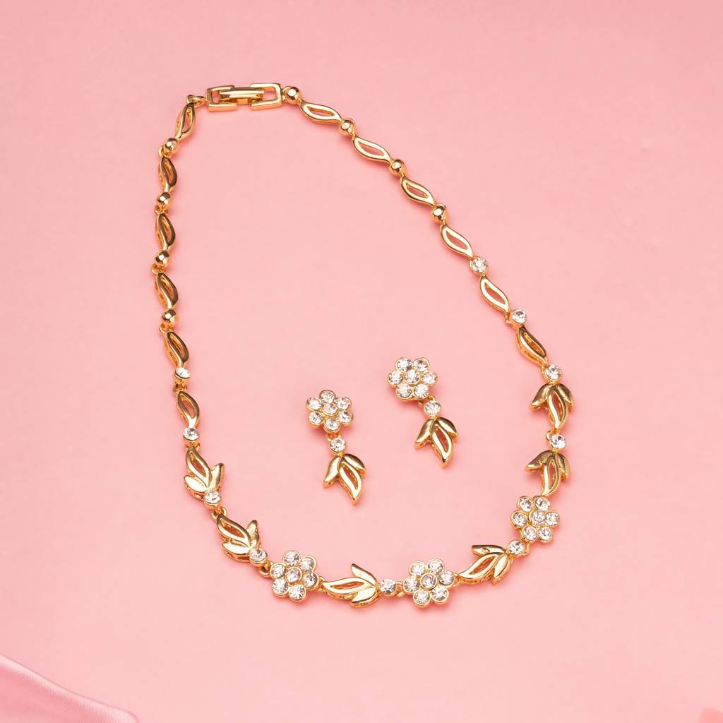 Estele Gold Plated Flower Designer Necklace Set With Crystals For Women : 6071NKER