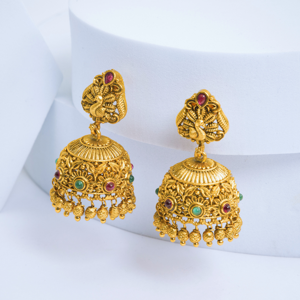Heritage South Indian Temple Jewellery Antique Jhumka Earrings With Ruby & Green Stones : R-1129