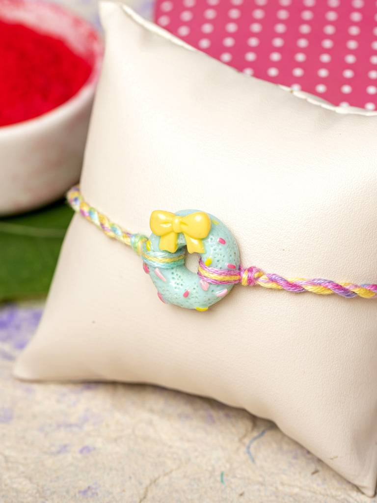 Acrylic Mint Green Doughnut Rakhi With Pastel Multicolor Dori Roli Chawal For Boys & Kids : LAARKK14