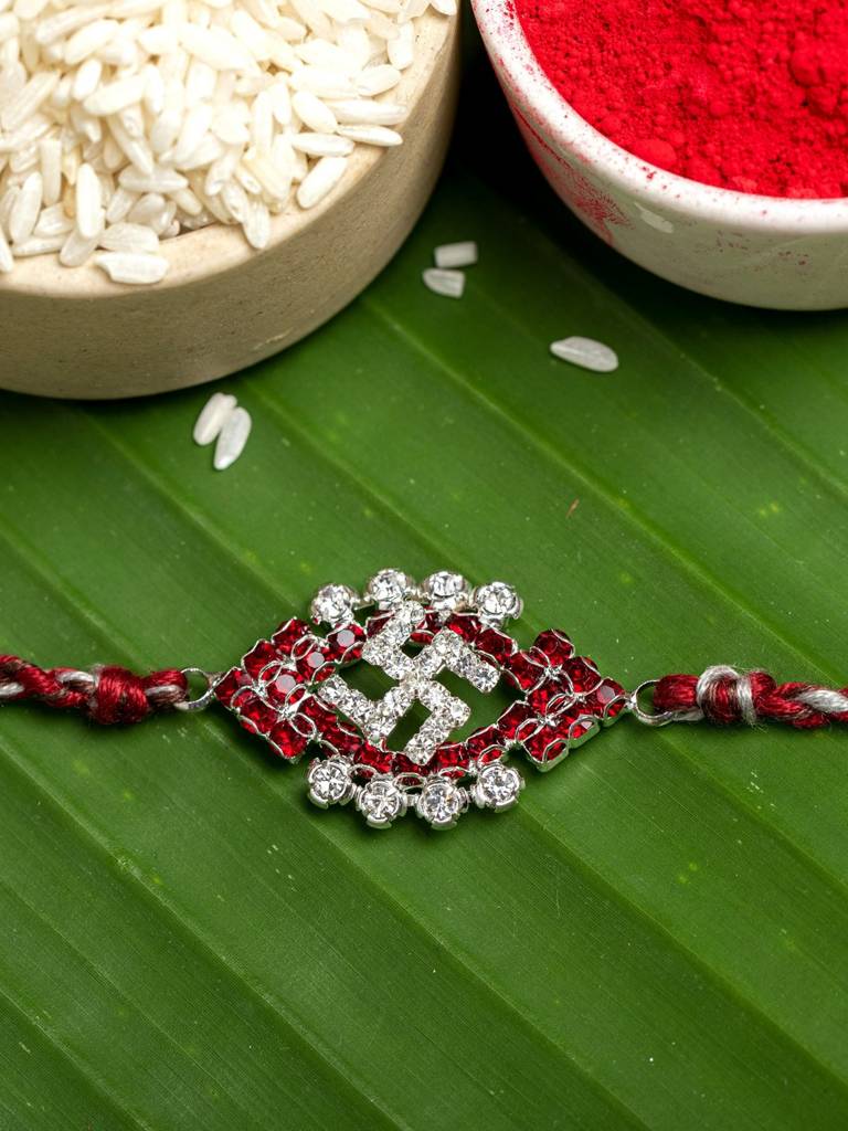 Eternz Certified Jewellery - Look and Adorn Exclusive American Diamond Maroon Swastik Rakhi Bracelet With Grey Maroon Dori Roli Chawal For Boys & Men