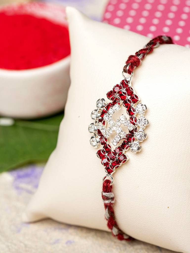 Exclusive American Diamond Maroon Swastik Rakhi Bracelet With Grey Maroon Dori Roli Chawal For Boys & Men : LAARKAD05