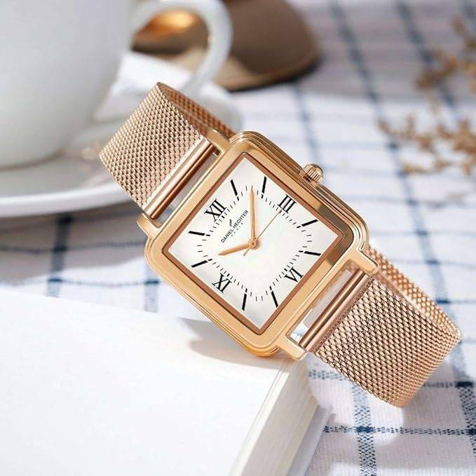 Daniel Hechter Paris Segur Classic Square Analog Watch For Women Â Rose Gold Case, White Roman Dial, Quartz Mov : DHW2011-22