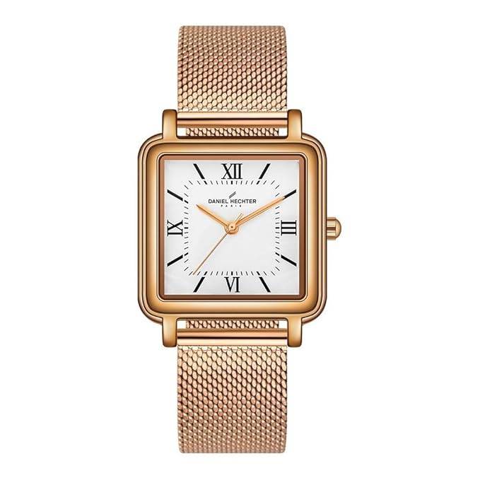 Daniel Hechter Paris Segur Classic Square Analog Watch For Women Â Rose Gold Case, White Roman Dial, Quartz Mov : DHW2011-22
