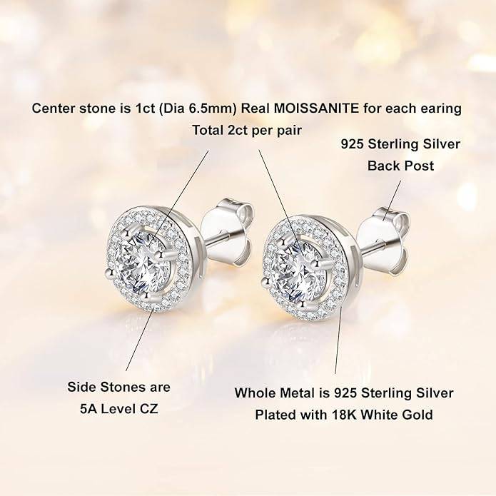 1 - 2 Ct Halo Bliss Solitaire Studs Moissanite Earrings : RoundHalo_2ct