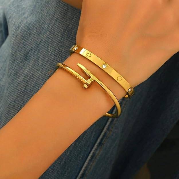 Set Of 2 - 18K Plated Waterproof Nail And Clover With Zircon Bangle Bracelet : ASJ0125B4750GC2
