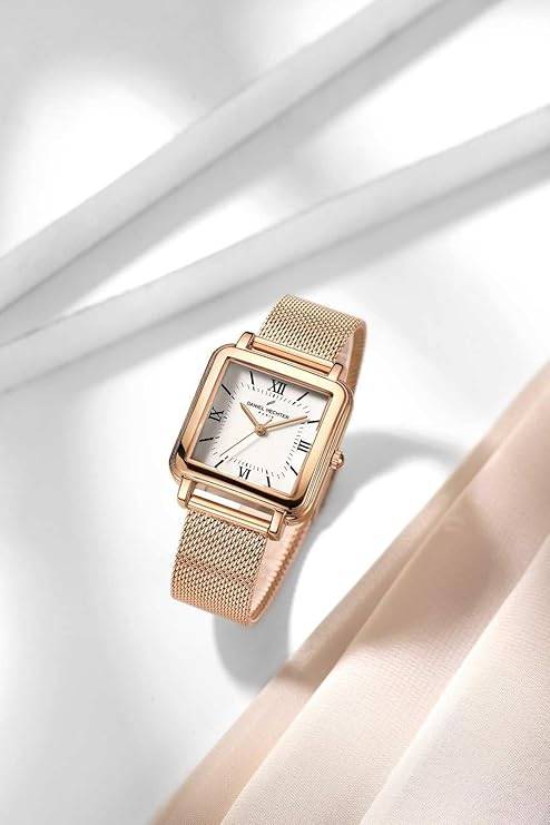 Daniel Hechter Paris Segur Classic Square Analog Watch For Women Â Rose Gold Case, White Roman Dial, Quartz Mov : DHW2011-22