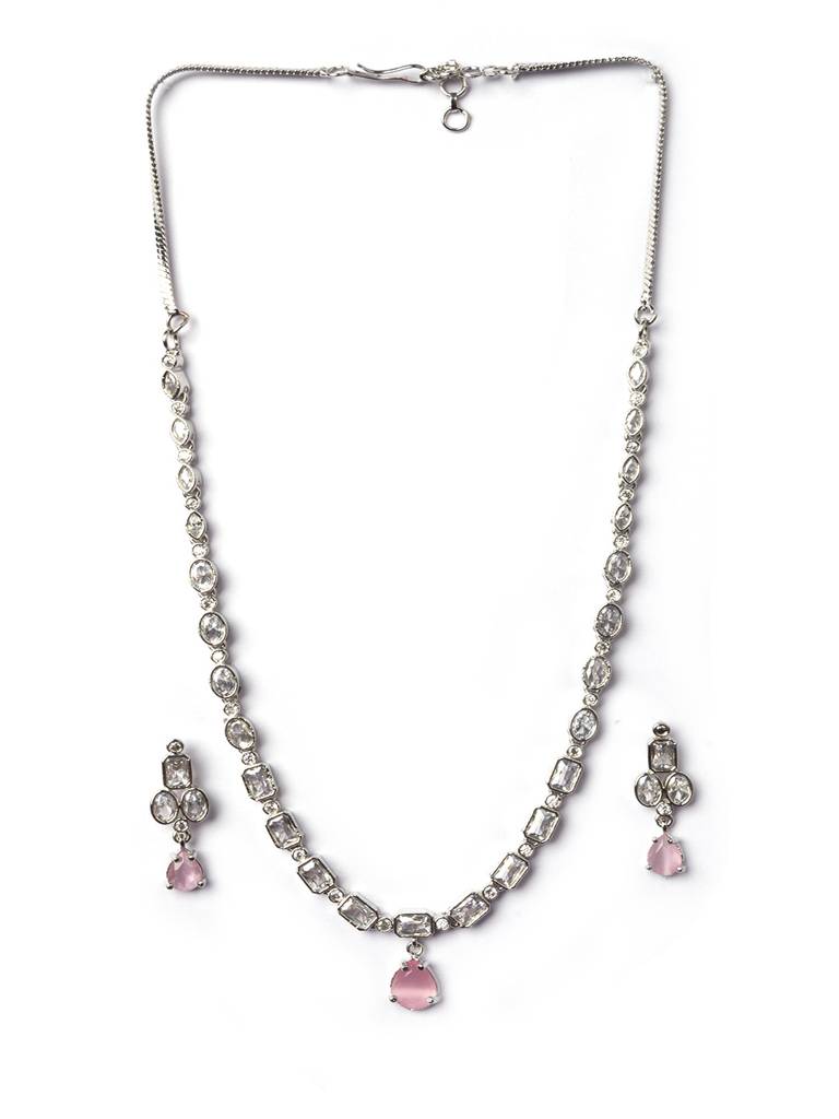 Sleek Silver Finish Ad Necklace Set-Ad145 : AD145PINK