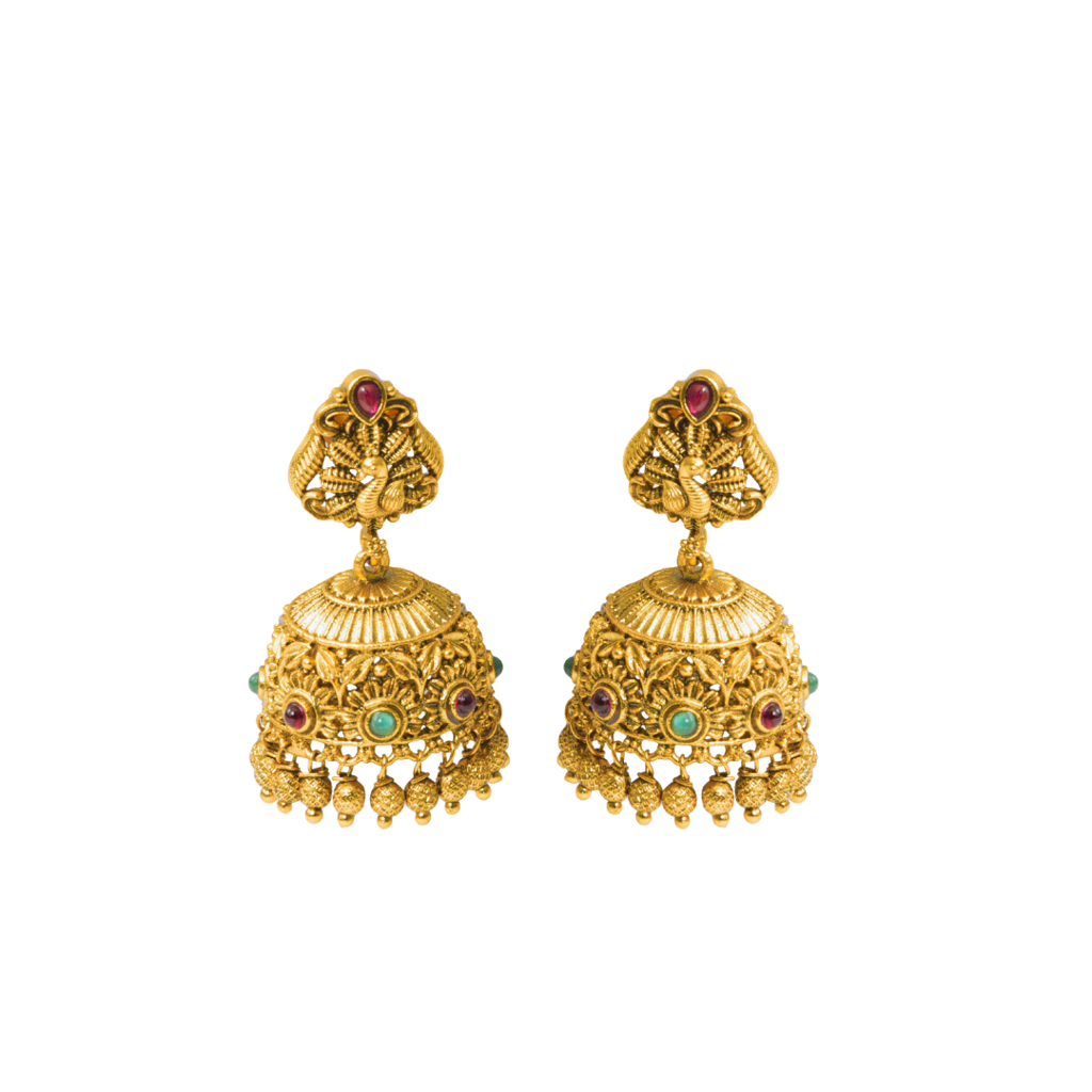 Heritage South Indian Temple Jewellery Antique Jhumka Earrings With Ruby & Green Stones : R-1129