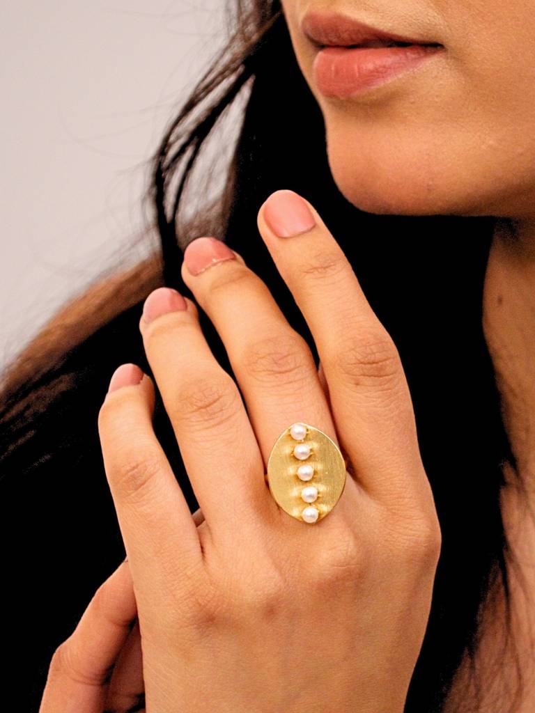 Aroosh Brass & Pearl Adjustable Ring 18K Gold Plated Handmade : BJV054