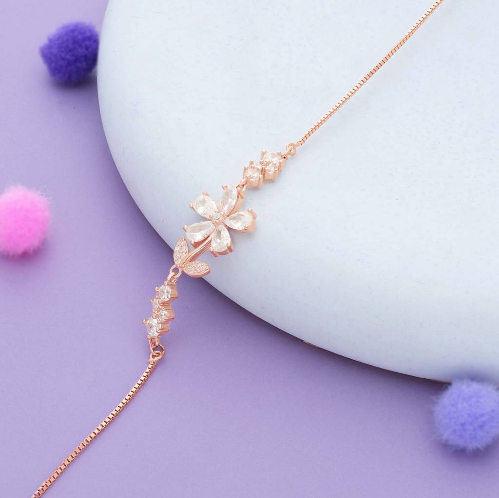 Floral Zircon Stone Rose Gold Polish 925 Silver Bracelet : BR-MC-RG-U-121-S