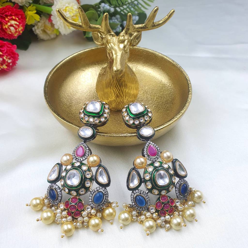 Victorian Style Polki Navratan Earrings : YAM52075