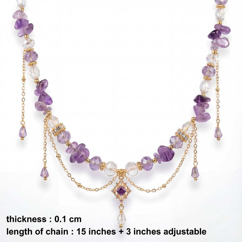 Korean Amethyst Mist & Crystal Gold Drop Necklace : YUFSNL255