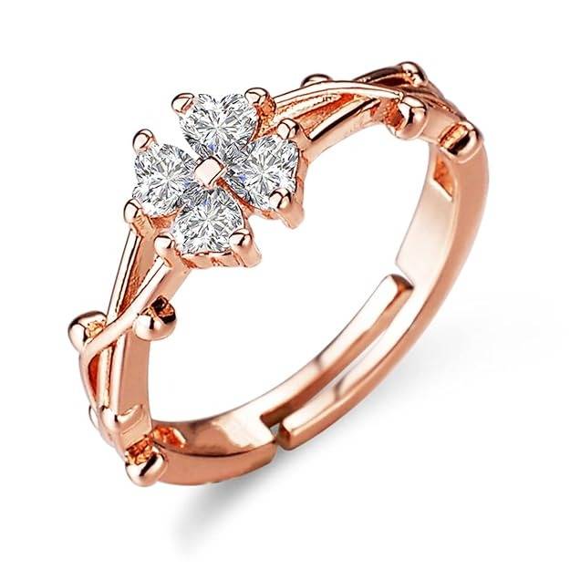 Rose Gold-Plated Floral Cz Ring – Adjustable Sparkling Ring For Women : AST-RIN-0078