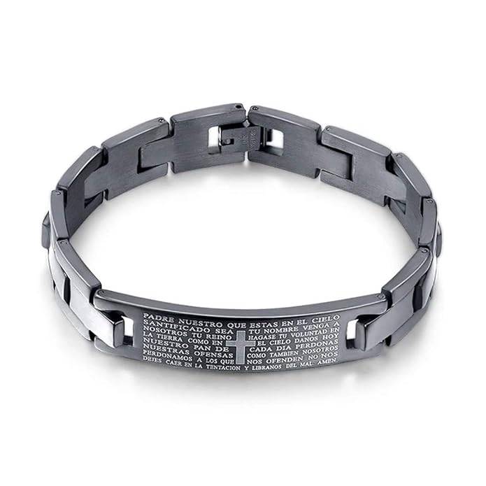 Mens Lords Prayer Black Steel Cross Bracelet : ASK0121B231
