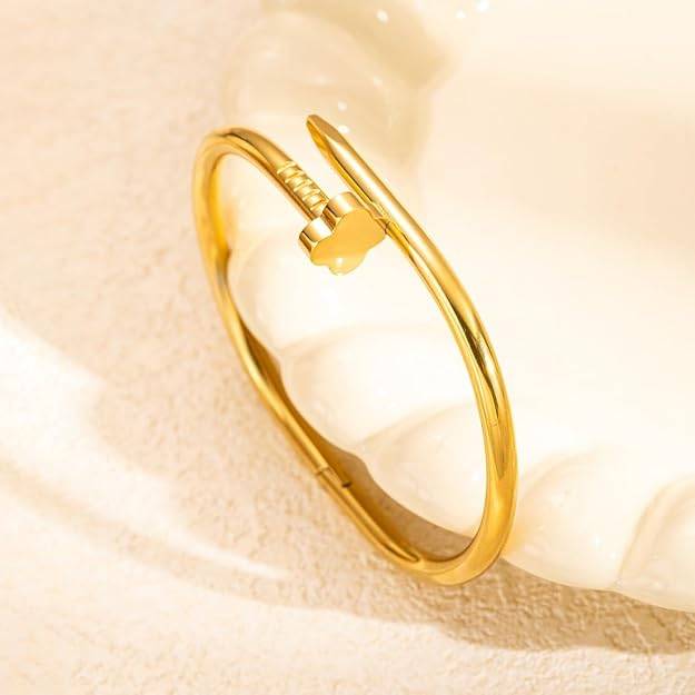 Set Of 2 - 18K Plated Waterproof Nail And Clover With Zircon Bangle Bracelet : ASJ0125B4750GC2