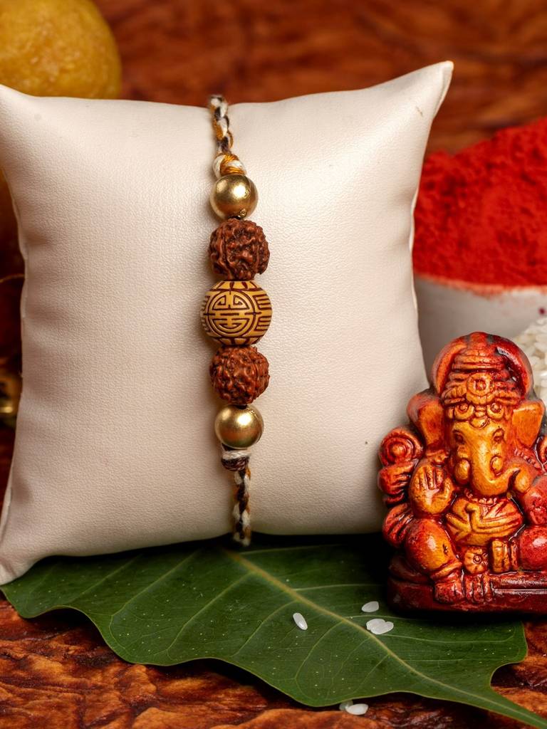 Handmade Acrylic Carved Bead Rudraksh Golden Rakhi For Men And Boys : LAARK08