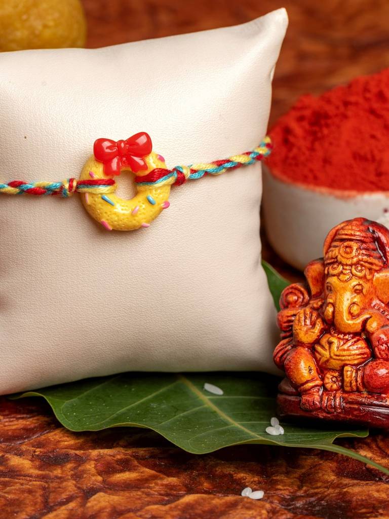 Acrylic Yellow Doughnut Kids Rakhi Red Dori : LAARKK19