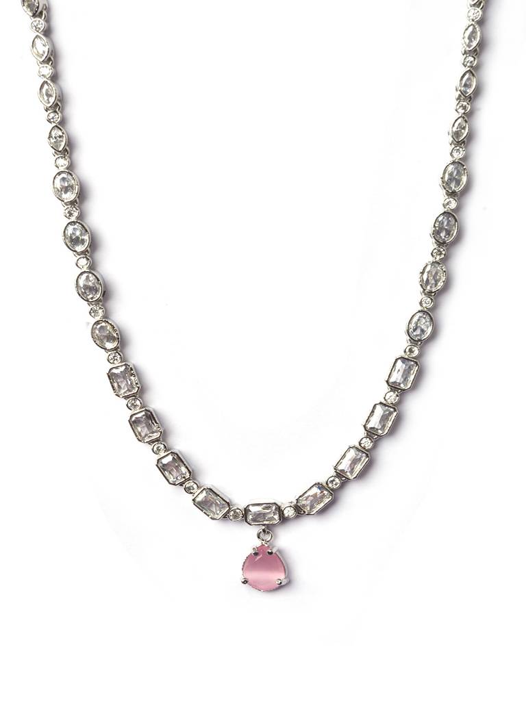 Sleek Silver Finish Ad Necklace Set-Ad145 : AD145PINK