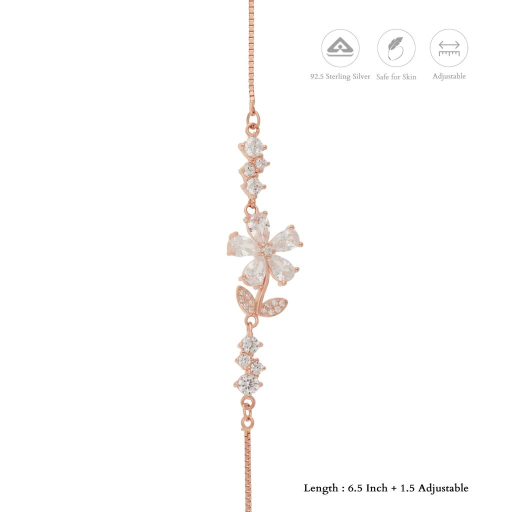 Floral Zircon Stone Rose Gold Polish 925 Silver Bracelet : BR-MC-RG-U-121-S