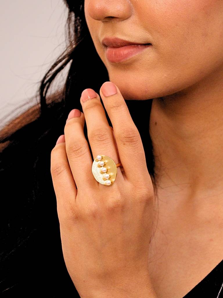 Aroosh Brass & Pearl Adjustable Ring 18K Gold Plated Handmade : BJV054
