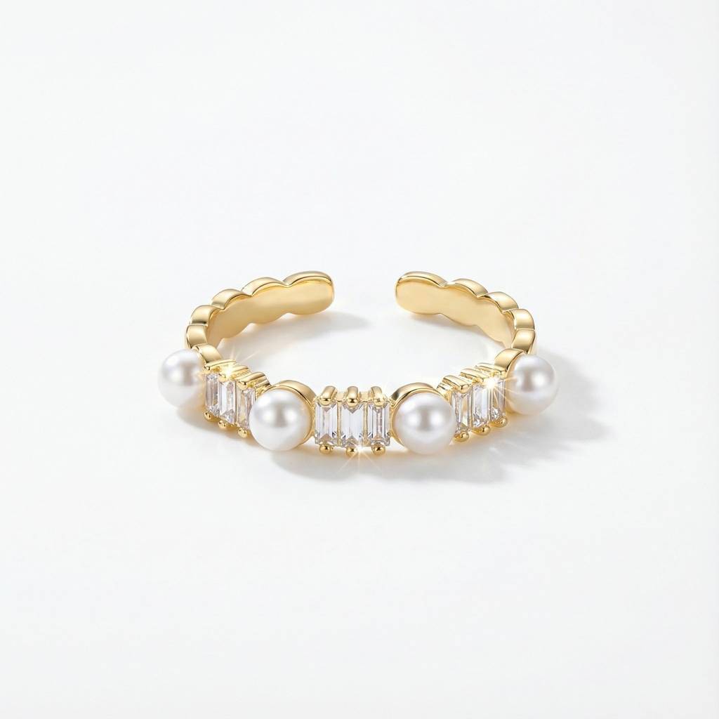 Korean Timeless Pearl & Baguette Crystal Adjustable Ring : YUFSRG217