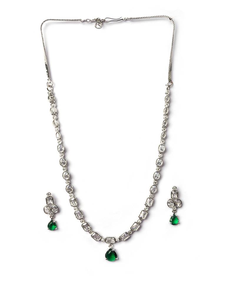Sleek Silver Finish Ad Necklace Set-Ad145 : AD145GREEN