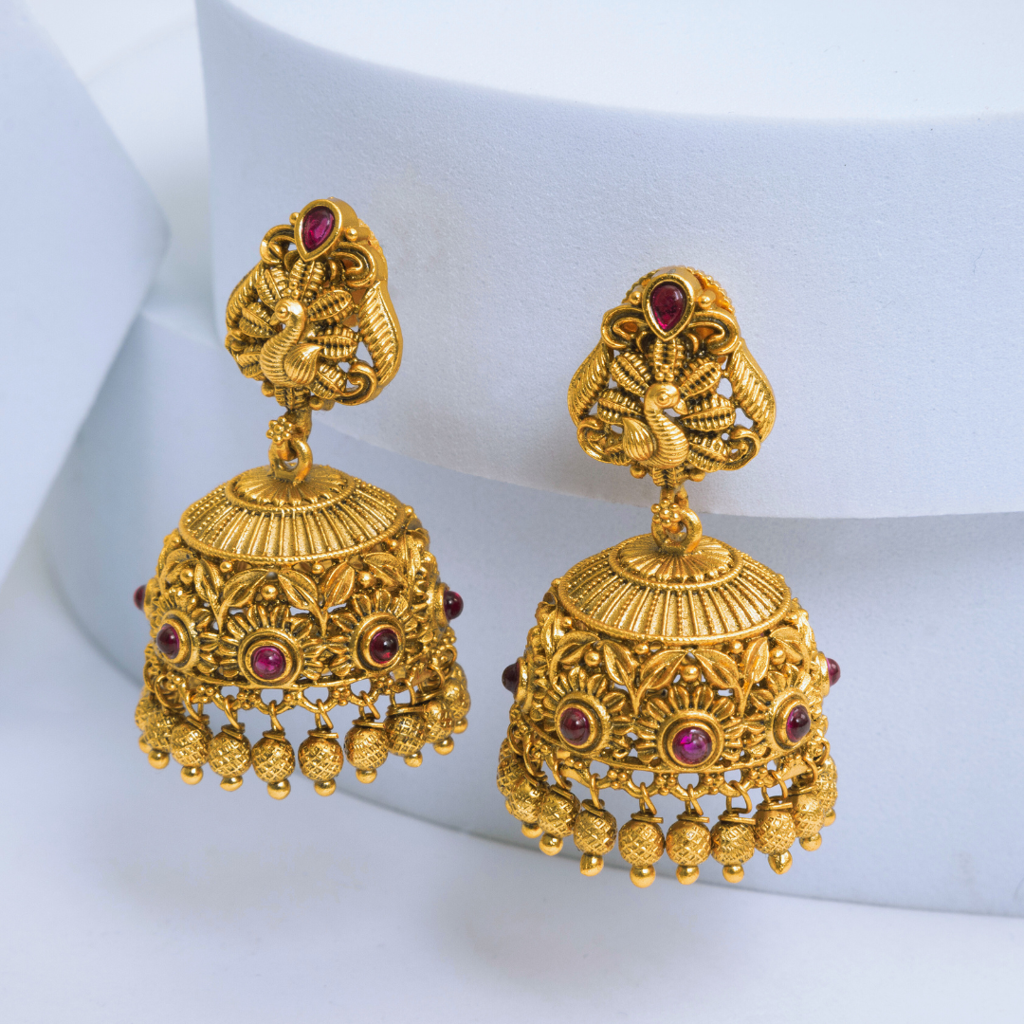 Heritage South Indian Temple Jewellery Antique Jhumka Earrings With Ruby & Green Stones : R-1129
