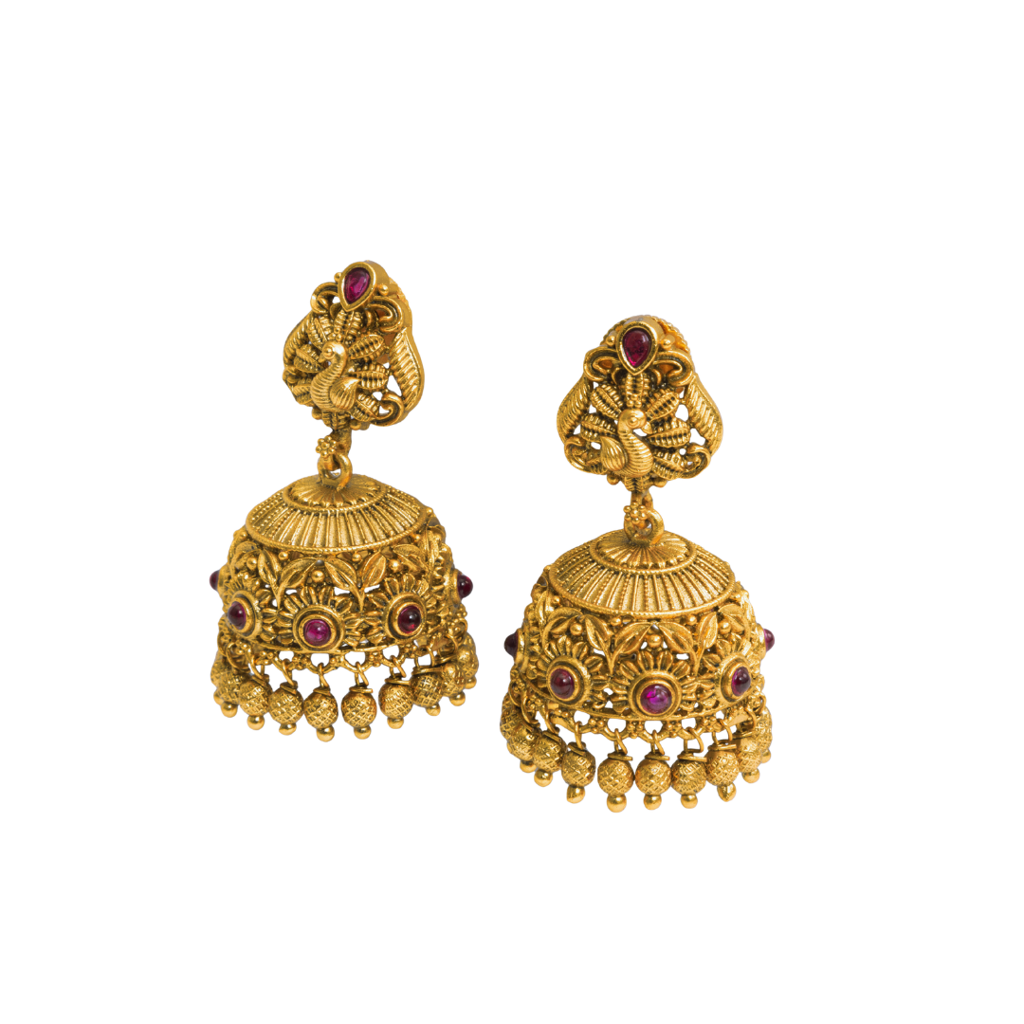 Heritage South Indian Temple Jewellery Antique Jhumka Earrings With Ruby & Green Stones : R-1129