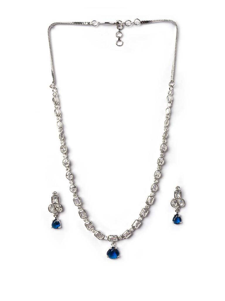 Sleek Silver Finish Ad Necklace Set-Ad145 : AD145BLUE