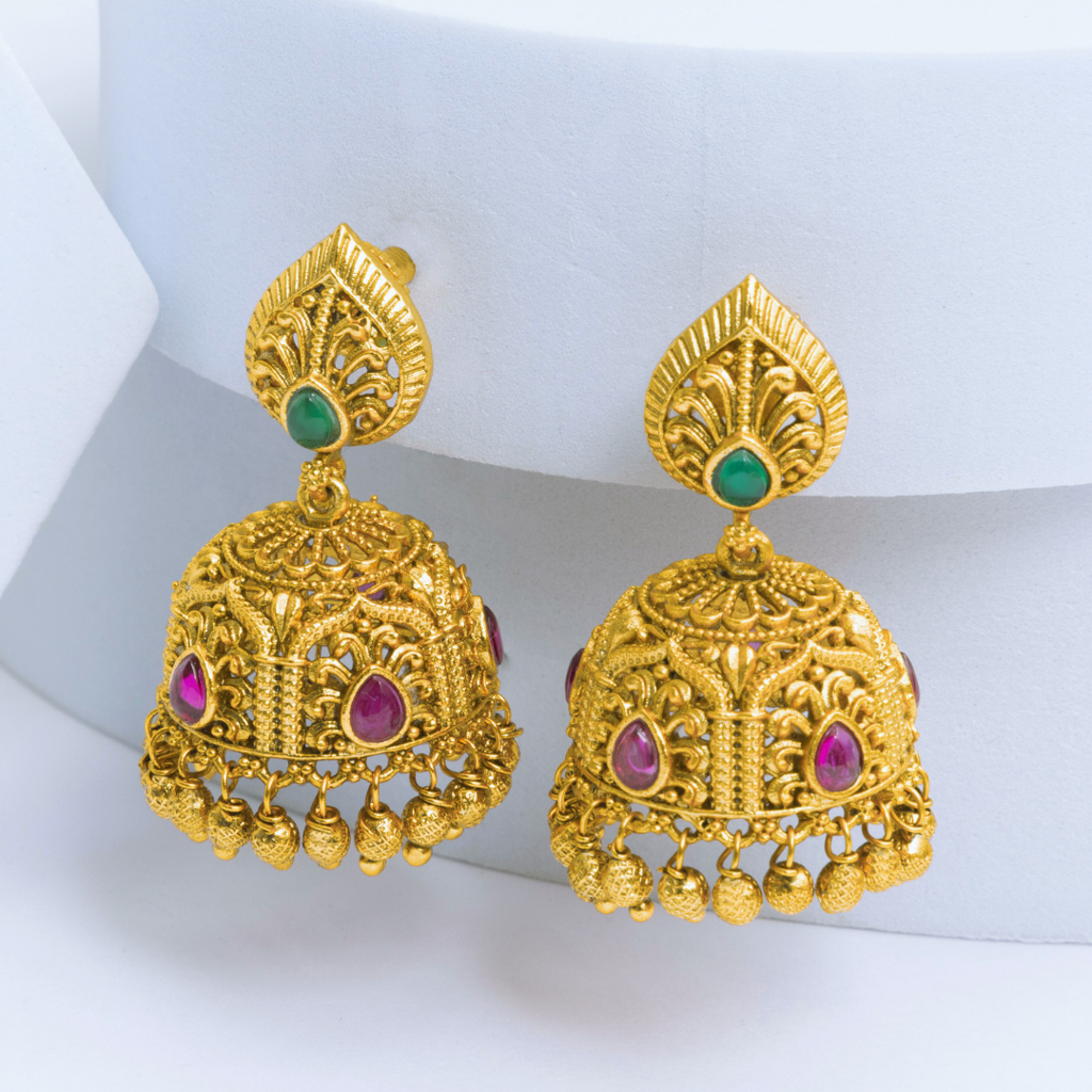 Antique Finish South Indian Temple Jhumka Earrings With Green & Ruby Stones : R-1164